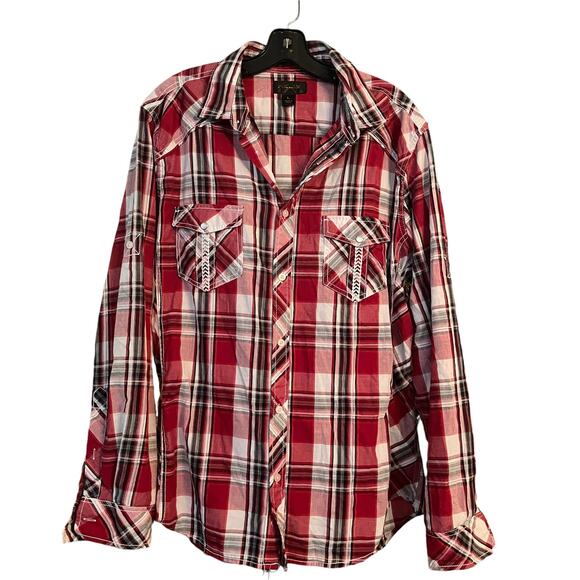 Helix Red Plaid Shirt Athletic Fit Roll L Tab Sleeves Embroidered Country Cherry - Picture 9 of 10